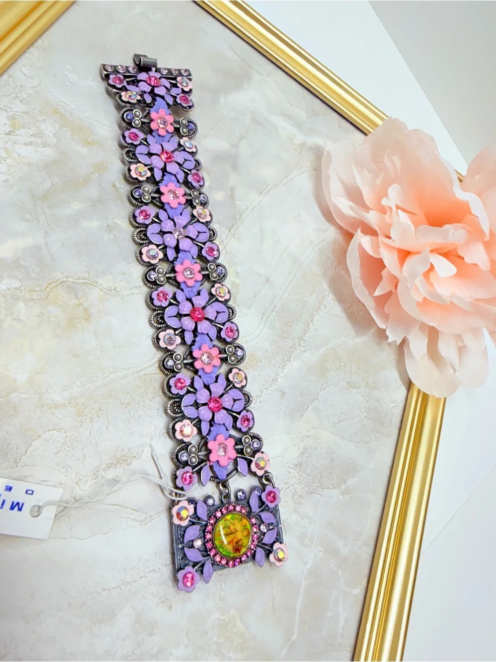 Vintage wide bracelet signet Michal Negrin,Silver purple flowers with crystal